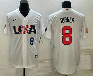 Men%27s USA Baseball #8 Trea Turner Number 2023 White World Baseball Classic Stitched Jersey